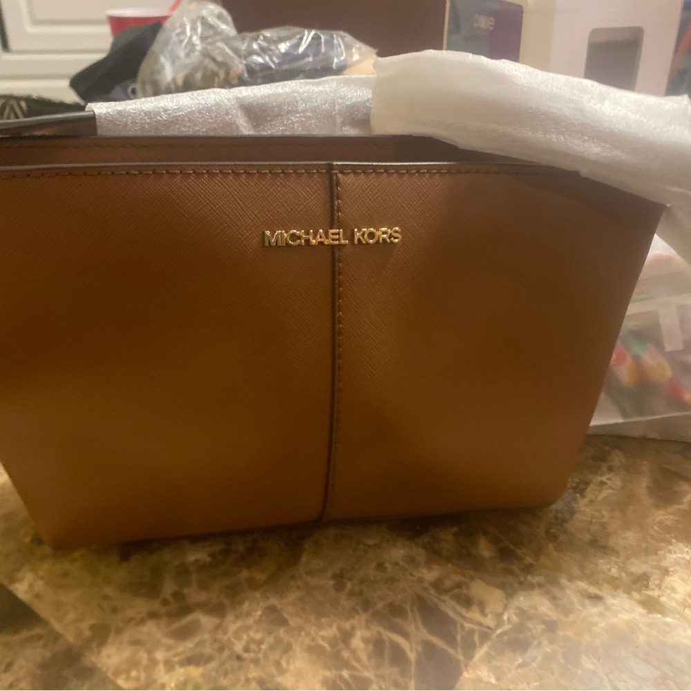 Michael Kors Jet Set Travel Tan Crossbody Tote with Gold Hardware